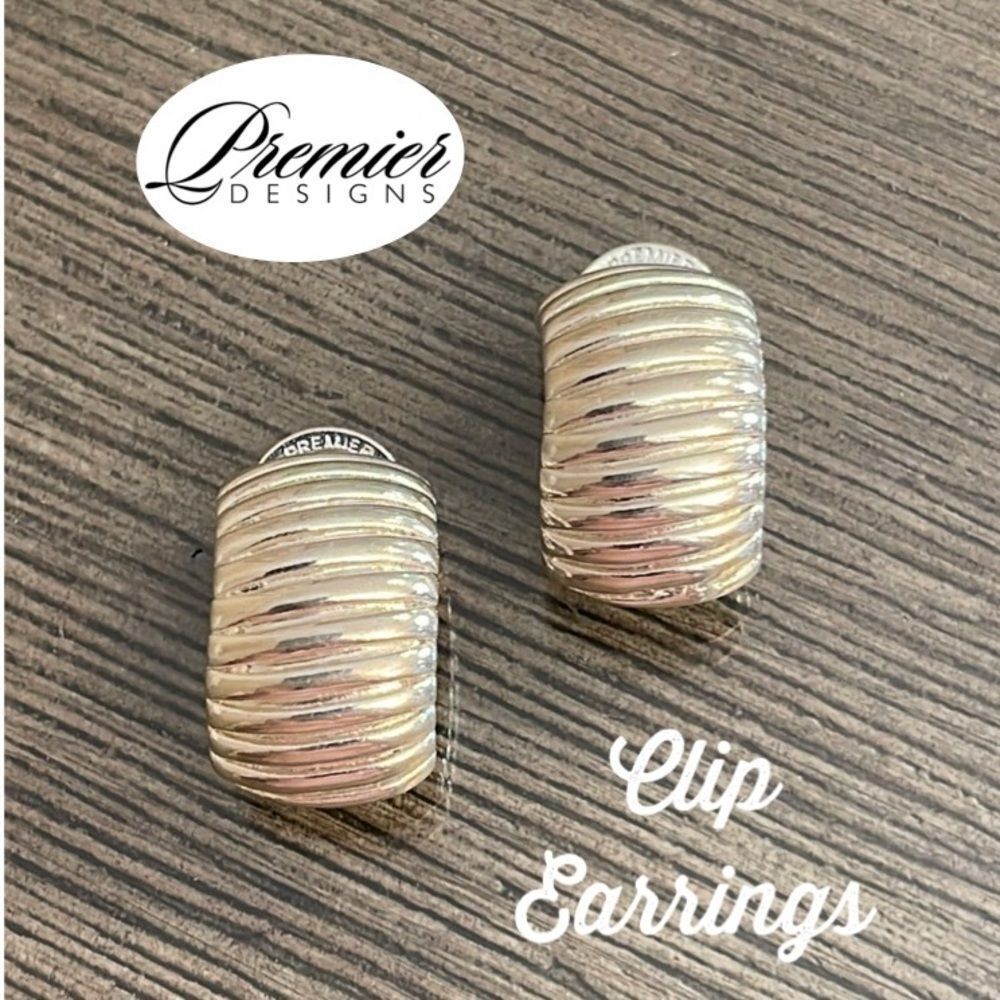 Vintage Premier Designs Ribbed Silver-tone Clip Earrings
